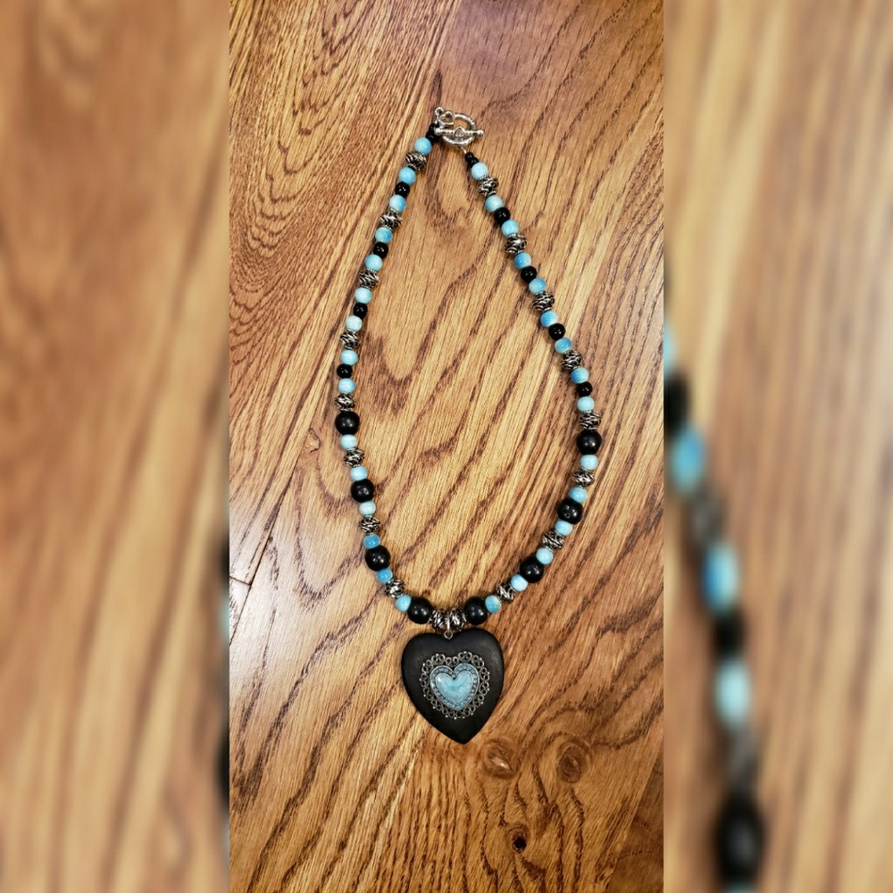 Turquoise, black , and silver heart necklace